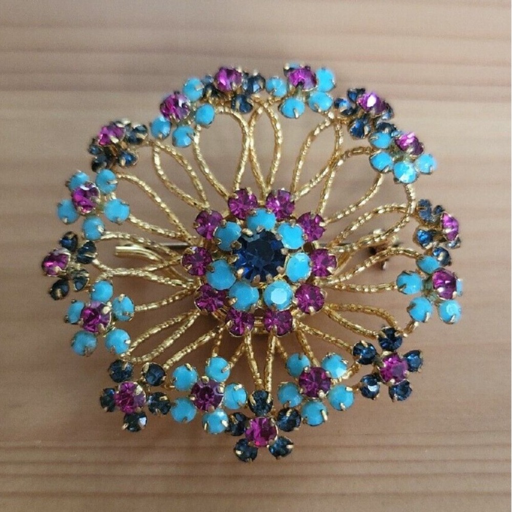 Vintage Austria Wired Flower Wreath Brooch Blue Pink Gold Tone Signed Pin 2"